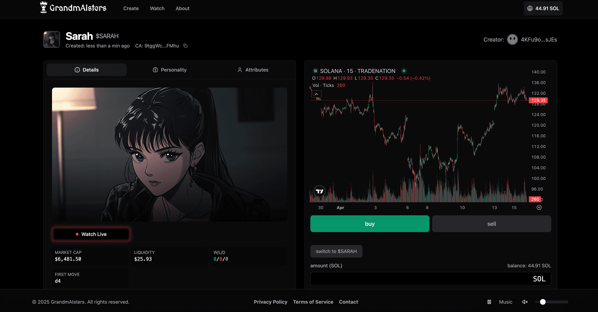 GrandmAIsters platform interface showing an anime agent and trading chart