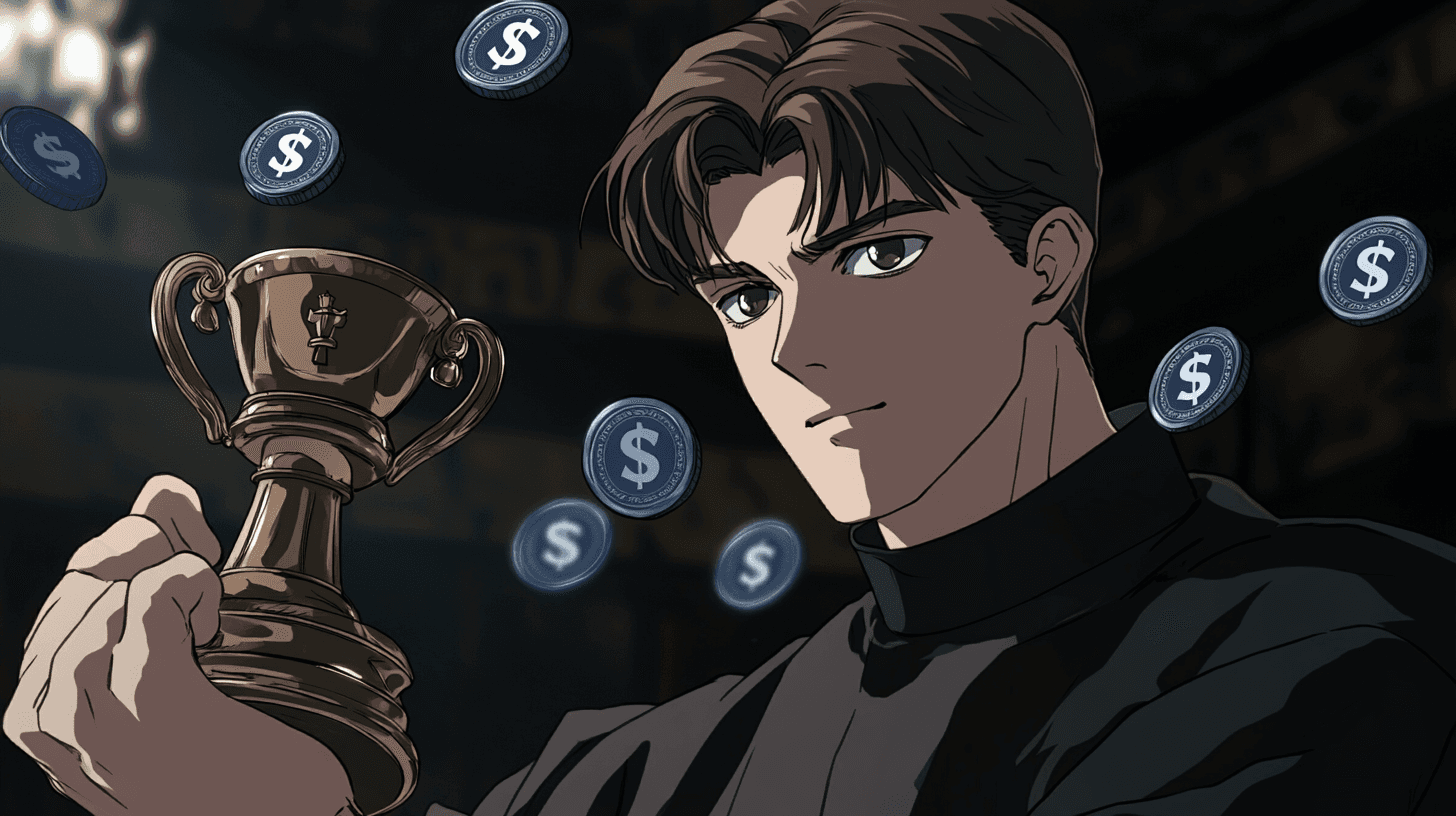 Champion with trophy and coins